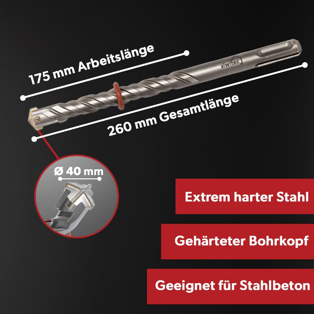 siwitec Broca SDS Plus de 40 x 260 mm, SDS para hormigón armado, piedra y hormigón, incluye anillo distanciador, broca para hormigón con geometría de 4 cortes y doble hélice