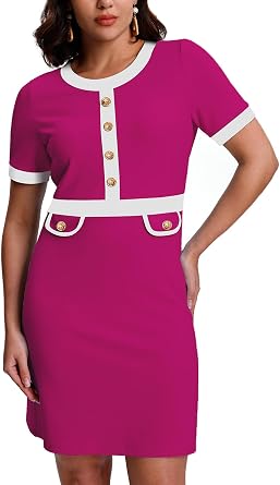SeSe Code Womens Color Block Modest Work Dress Short Sleeve Business Dresses Button Crew Neck Elegant BodyconNo Pockets