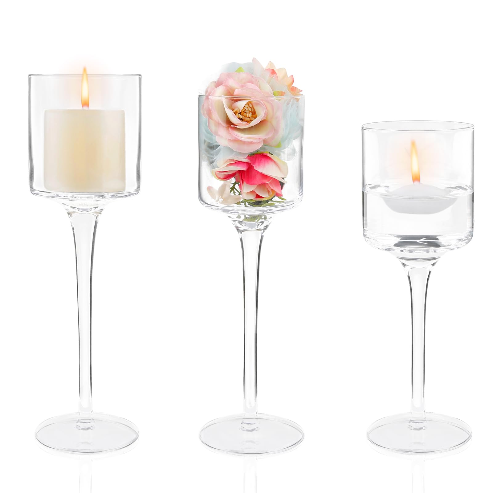 Weinsamkeit Portavelas de Cristal para Velas, 3 Piezas Portavelas de Columna Elegante Candelabros Transparente, Velas para Candelabros Centro de Mesa para Boda y Decoración Navideña, 20/23/26cm