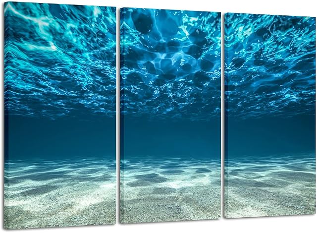 Wieco Art Blue Large Sea Ocean Bottom Canvas Prints Wall Art for Living Room Bedroom Home Decorations Modern Beach Theme Seascape Landscape Giclee Artwork