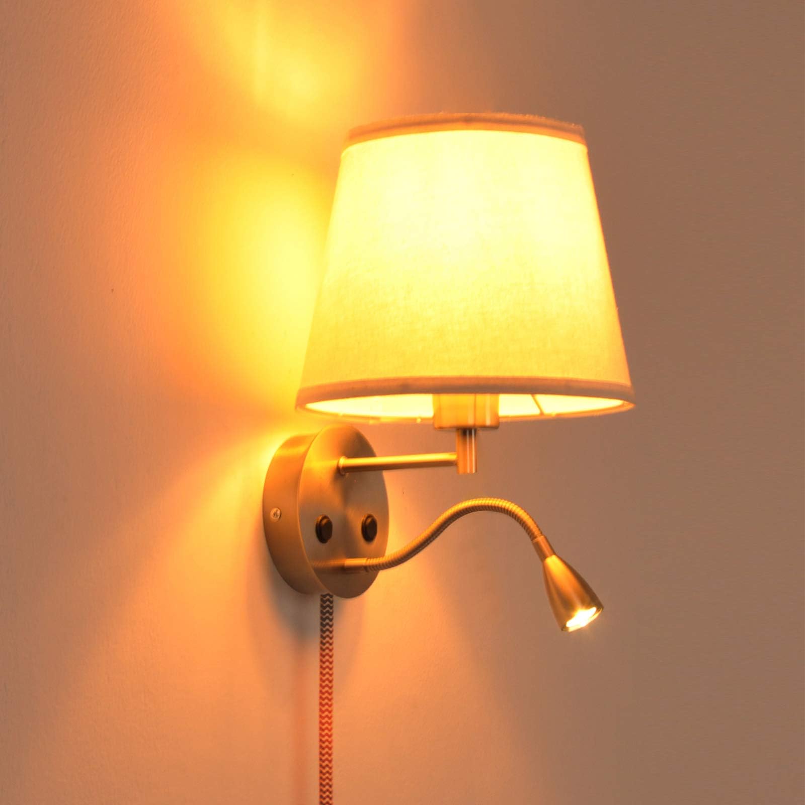 Contemporary Wall Sconce Lamp with Linen Lampshade, Up Down Wall Light with Adjustable 3W LED Reading Swing Arm 2 On/Off Switches Modern Mounted Fixture E27 Lighting for Bedroom Bedside, Living Room [Energy Class F]