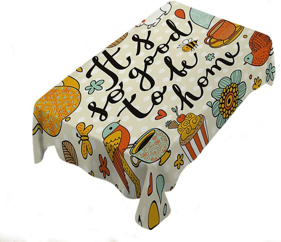WONDERTIFY It's So Good to Be Home Table Cloth Tea Kettle Cups Cupcakes Rabbit Bird Flowers Butterfly Bee Water Resistance Microfiber Tablecloth, Decorative Table Cover 52X70 Inch (52X70Inch) Thumbnail