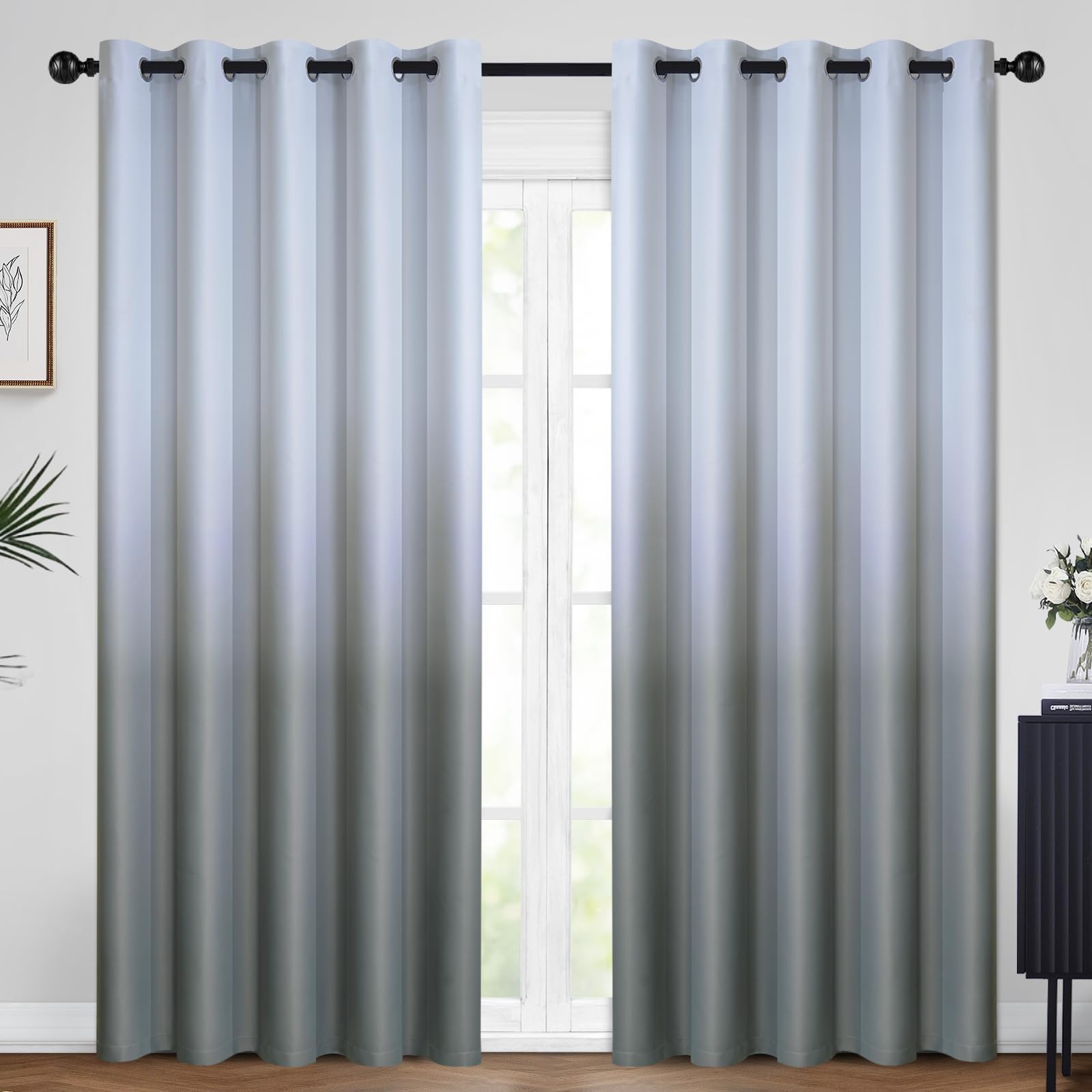 Yakamok 84 Inch Long Ombre Curtains,Thermal Insulated Light Blocking Greyish White to Grey Gradient Color Curtains, Room Darkening Grommet Window Drapes Living Room/Bedroom(2 Panels,62W x 84L) โ image 1