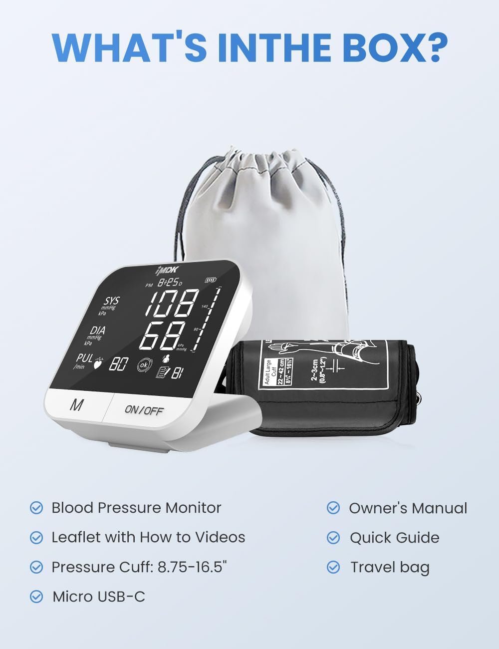 IMDK Blood Pressure Monitors - Arm Blood Pressure Monitors for Home Use, Accuracy of ±3 mmHg, Cuff '8.7-16.5' inch Adjustable, Hypertension Management APP for iOS & Android
