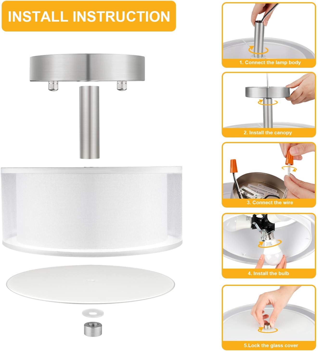 FOLKSMATE 3-Light Semi Flush Mount Ceiling Light Fixture, Drum Light with Double Fabric Shade, Modern Close to Ceiling Lamps for Living Room, Bedroom, Dining Room, Kitchen, Hallway, Entry, Foyer - - 