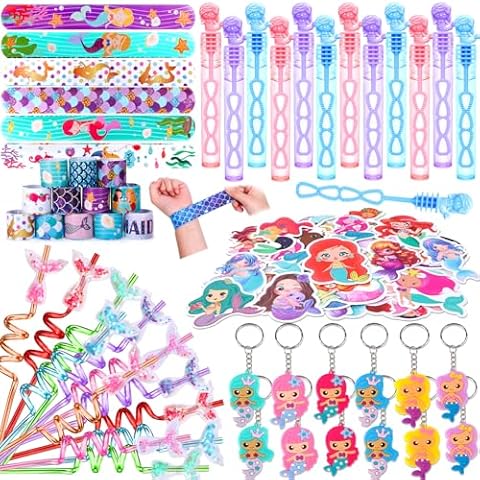 KELENO 98 Mermaid Party Favors for Girls Birthday Supplies Straw Bubble Wand Slap Bracelet Keychain Sticker Toy Gift Prize Goodie Bags Stuffers Kids Decorations Mermaid Birthday Party Favors Cover