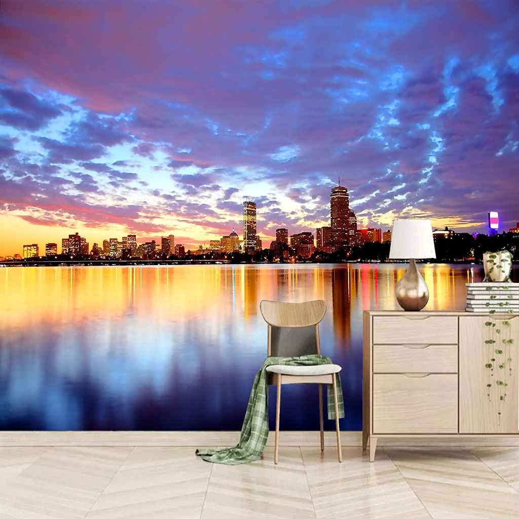 Papier peint trompe l'oeil ville crépuscule pour créer un salon avec vue panoramique