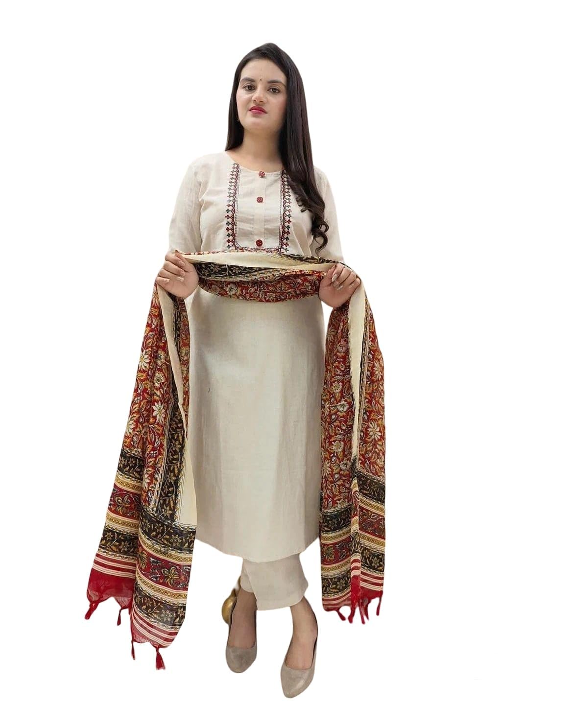 Women's Straight Kurta Set with Bhagalpuri Khadi Print Dupatta, Cream, Embroidered, 3-Piece Ethnic Wear