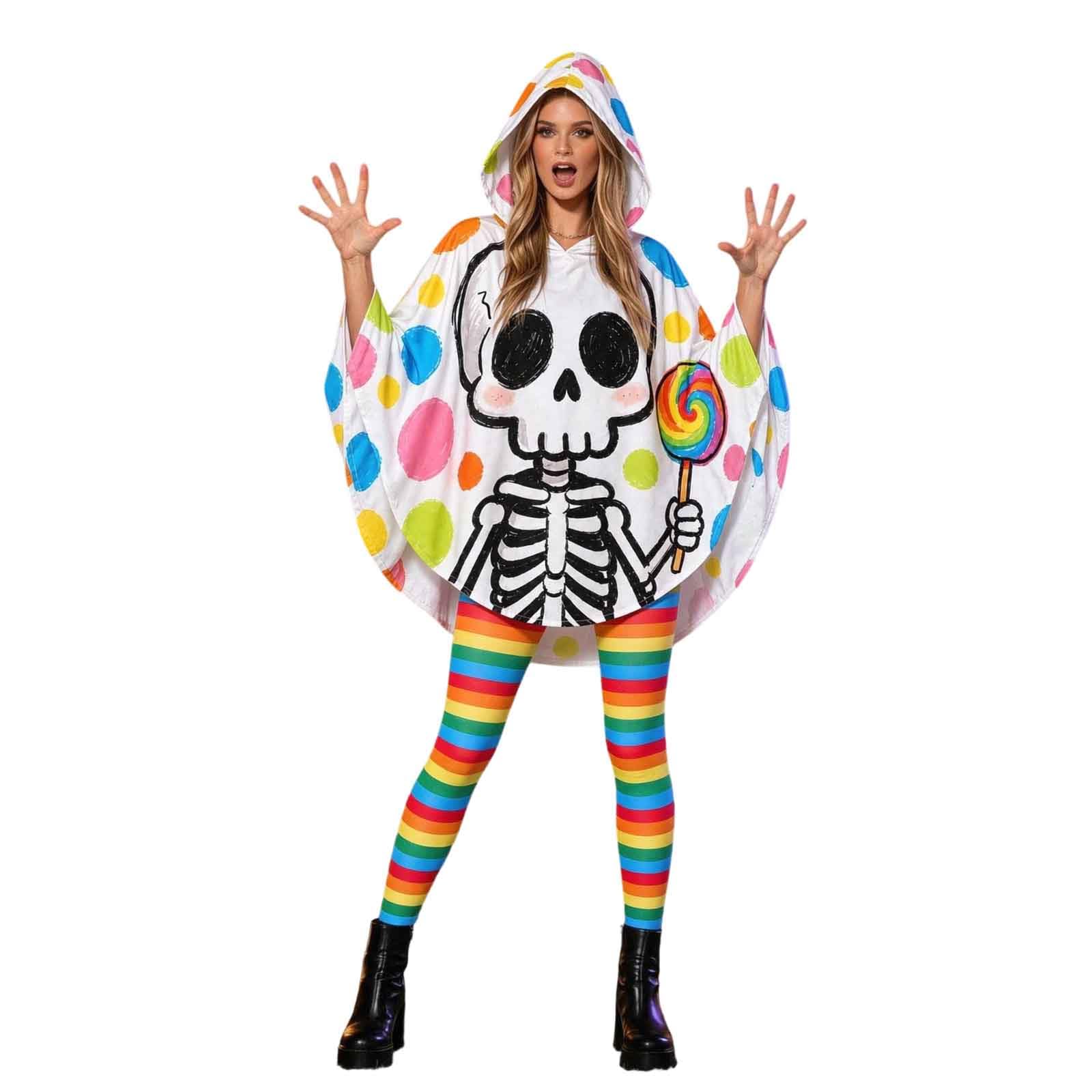 4 Pcs Ghost Costume Women, Ladies Glow in the Dark Poncho Halloween Adult Ghost Outfit Costume Set with Hooded Ghost Cape Socks Boo Headband and Candy Bag for Female Halloween Fancy Dress Party — image 1