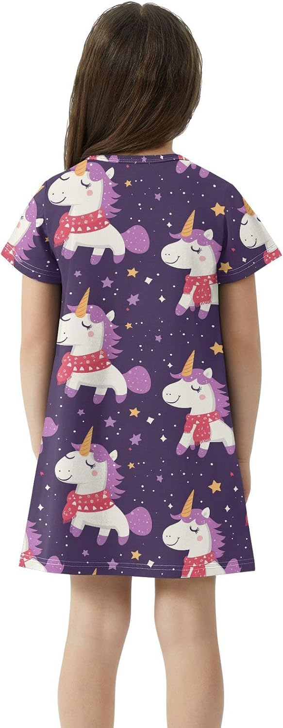 Kawai Unicorn Girls Dresses Summer Dresses for Girls with Cotton Short Sleeves for Casual a Line Dress Size 2-8Y