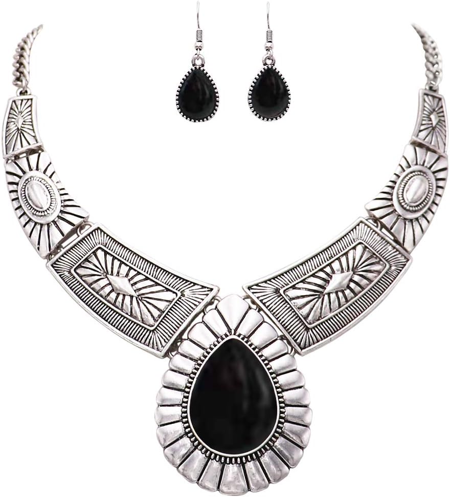Rosemarie Collections Women’s Chic Western Teardrop Howlite Stone Statement Necklace Earrings Set, 16″+3″ Extender