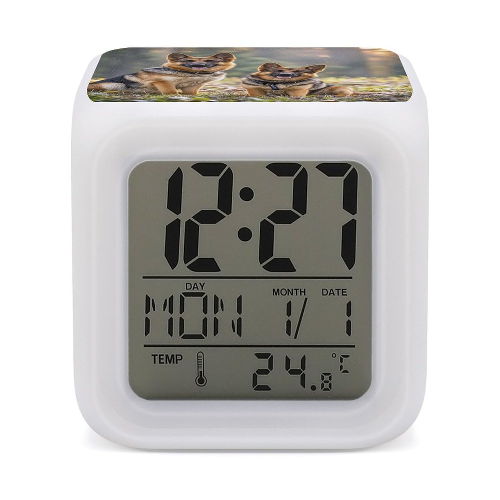 FekiLoot German Shepherd Dogs Alarm Clock for Heavy Sleepers Small Digital Alarm Clock with Date Temperature Wake Up Digital Clocks with 7 Colors Changing Desk Clocks for Bedroom Bedside Nightstand