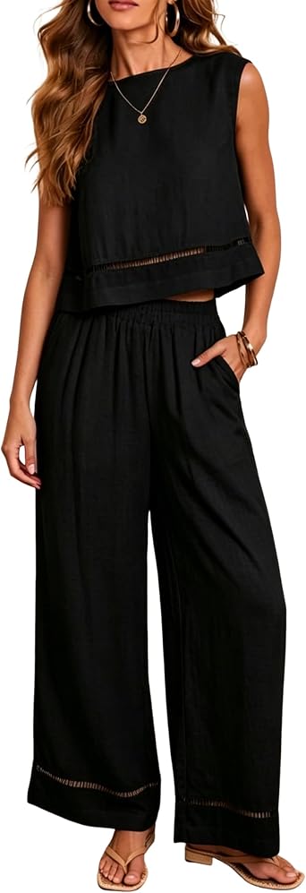 Faleave Two Piece Outfits for Women Sleeveless Tank Top Wide Leg Pants Set Casual Summer Matching Sets Lounge Wear