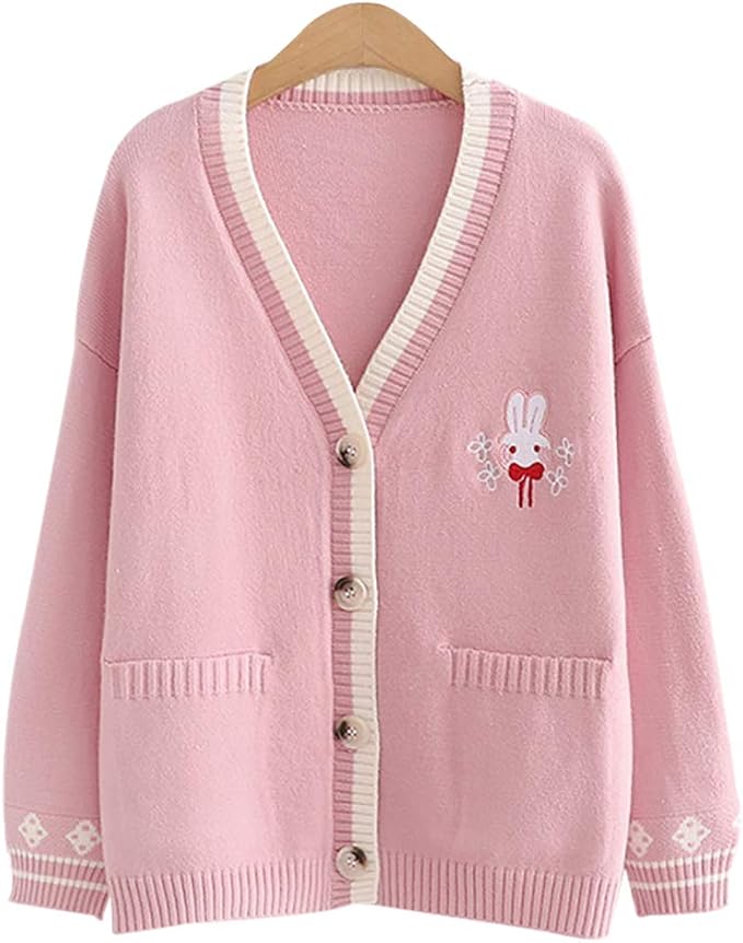 Amazon レディース ニット カーディガン 無地 かわいい ウサギ 刺繡 カジュアル ニットカーディガン レディース 制服 おしゃれ 前開き セーター トップス アウター 秋 冬 ピンク カーディガン ボレロ 通販