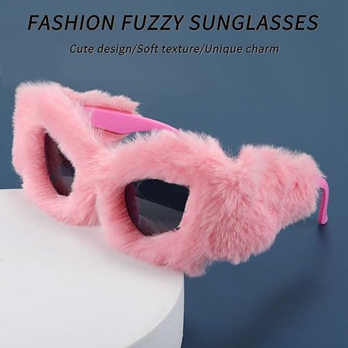 Vista 6 de Feisedy Gafas de sol de ojo de gato para mujer, tipo peluche, estilo punk, suaves, de terciopelo, para damas, hechas a mano, para fiestas, máscaras