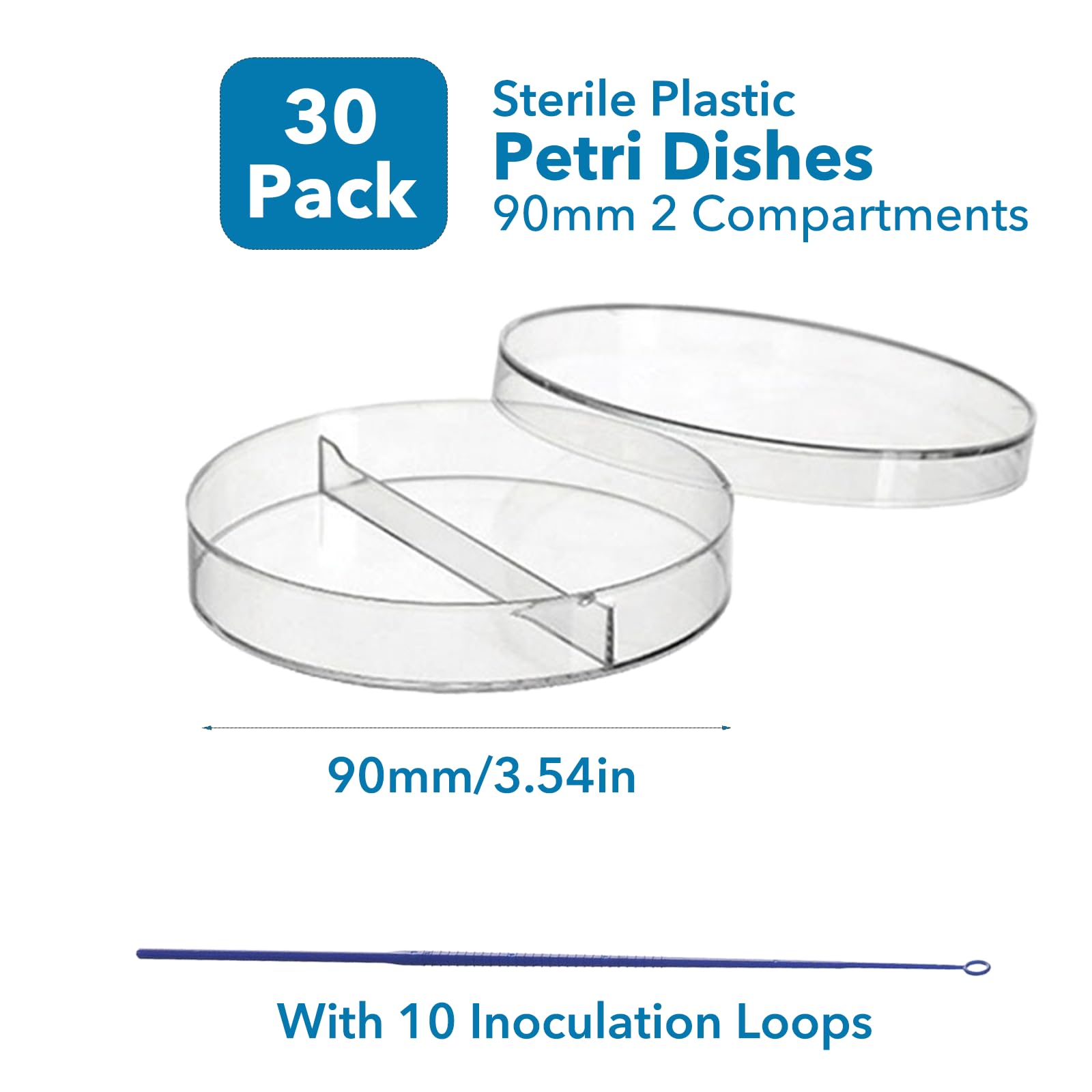 Estresen 30 PCS 90mm 2 Compartments Plastic Petri Dish with Lids, Sterile with 10PCS 10uL Inoculation Loops