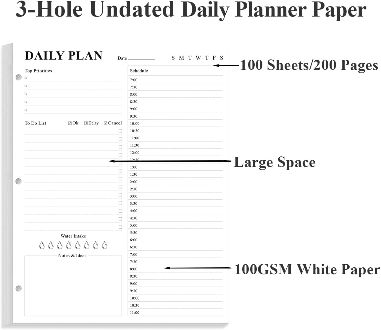 (2-Pack) Undated Daily Planner Refill - A4 Planner Inserts, 200 Sheets/400 Pages Planner and Lined Refill, 3 Hole Punched To Do List Refills, 100 gsm White Paper, 8.5'' x 11''