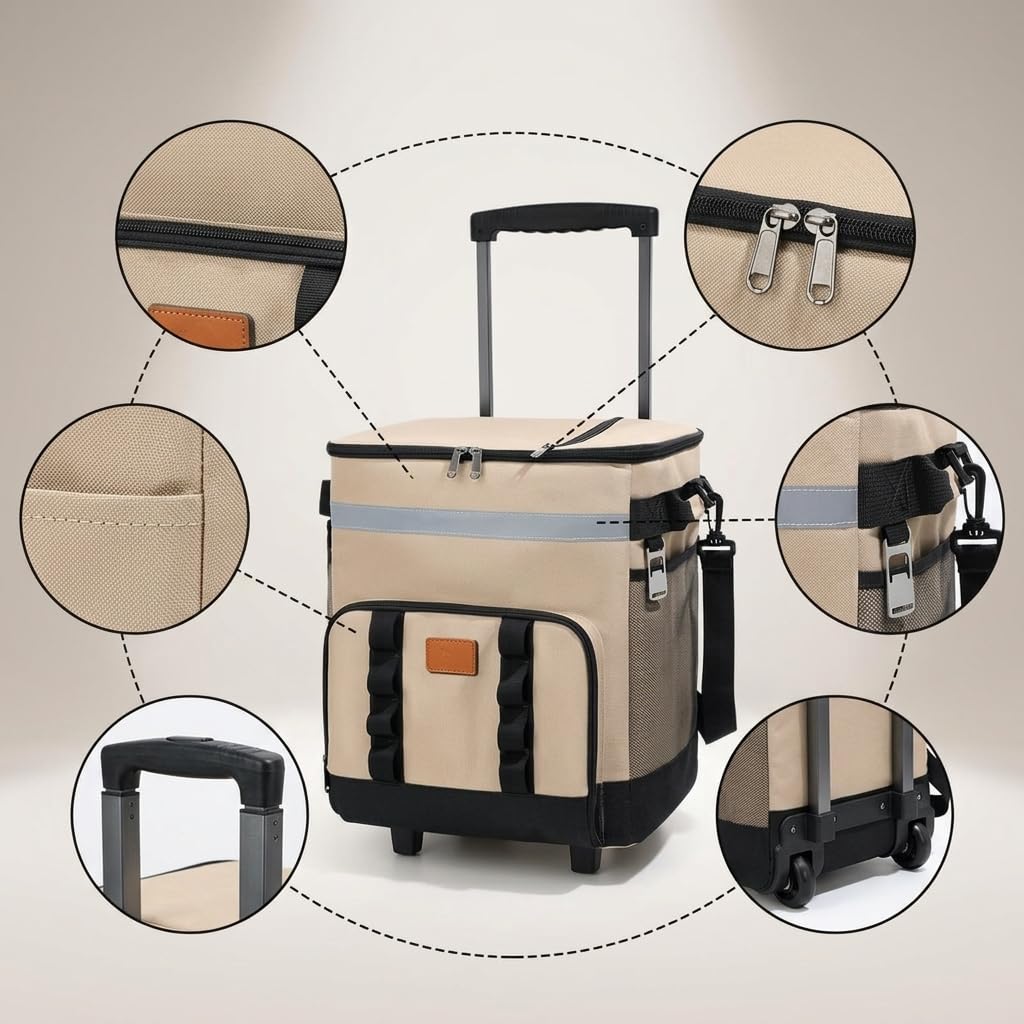 Borsa con Ruo, Grande Capacità, Borsa Frigo Portatile per Campeggio, Mare, con Manico lescopico e Ruo Scorrevoli, Cachi, Beige