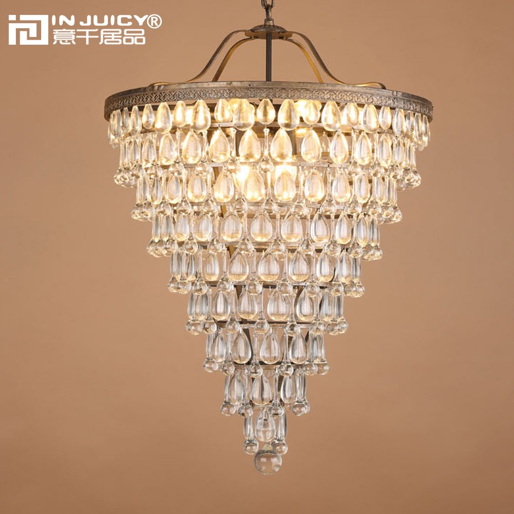Injuicy Lighting Vintage K9 Crystal Water Drop Chandeliers American Countryside Retro Metal Iron Edison Villa Pendant Hanging Lights Lamps for Decoration Gift (Long & Dia.550mm)