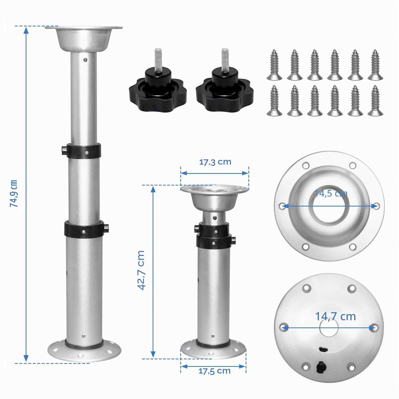Soporte Mesa Camper Ajustable 43-75cm, Pata de Aleación de Aluminio Desmontable para Caravana, Base de Montaje para RV, Autocaravana, Barco, Yate