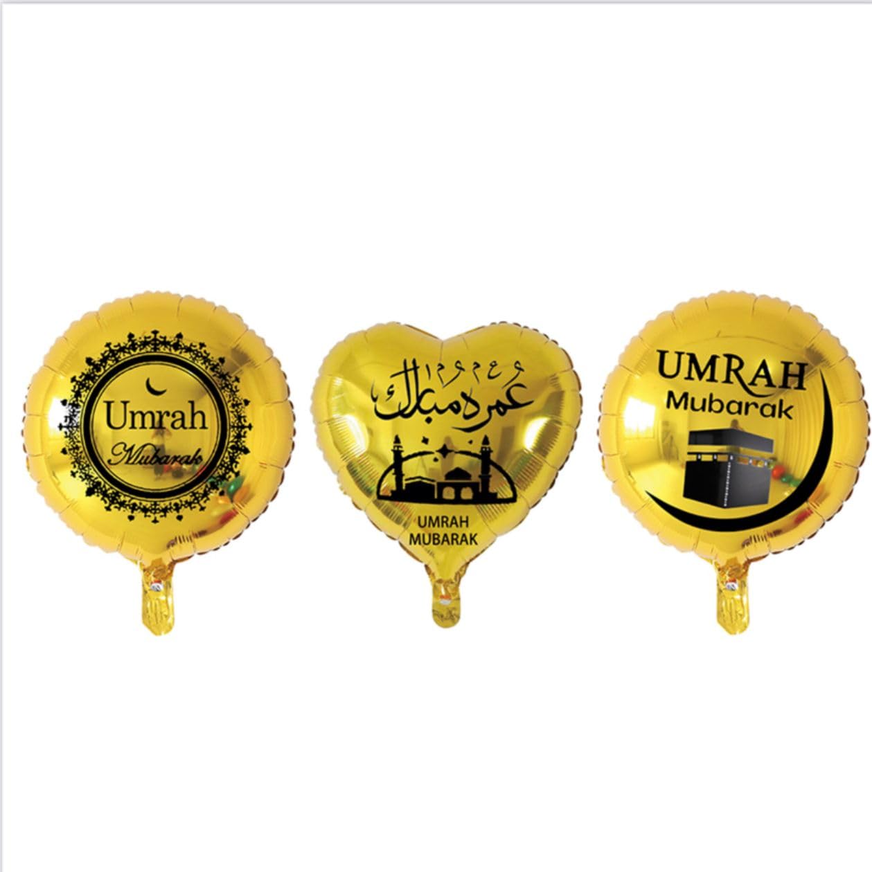 3 pcs umrah mubarak balloon set 18inch (Gold), Large