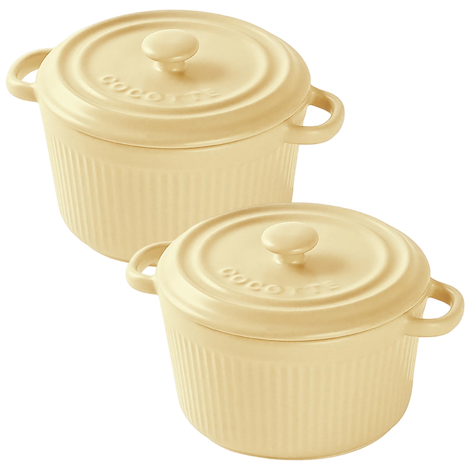 2er Mini Cocotte mit Deckel 400ML, Runde Auflaufform Klein, Keramik Auflaufformen mit Griffen für Lasagne, Soufflé, Gemüse, Creme Brûlée, für Heißluftfritteuse, Backofen, Mikrowellenherd, Gelb Küche, Haushalt & Wohnen