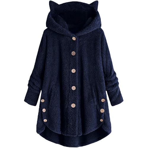 Fastbot Fleece Jacket Women Pullover Hoodie Fleece Hooded Sweatshirt Cat Ear Pocket Solid Warm Winter Oversized Outwear