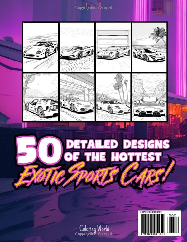 Exotic Sports Cars Coloring Book: Supercars | Modern, Retro Classics, Race, Luxury and Muscle | 50 Detailed and Realistic Illustrations for Kids and Adults image 3