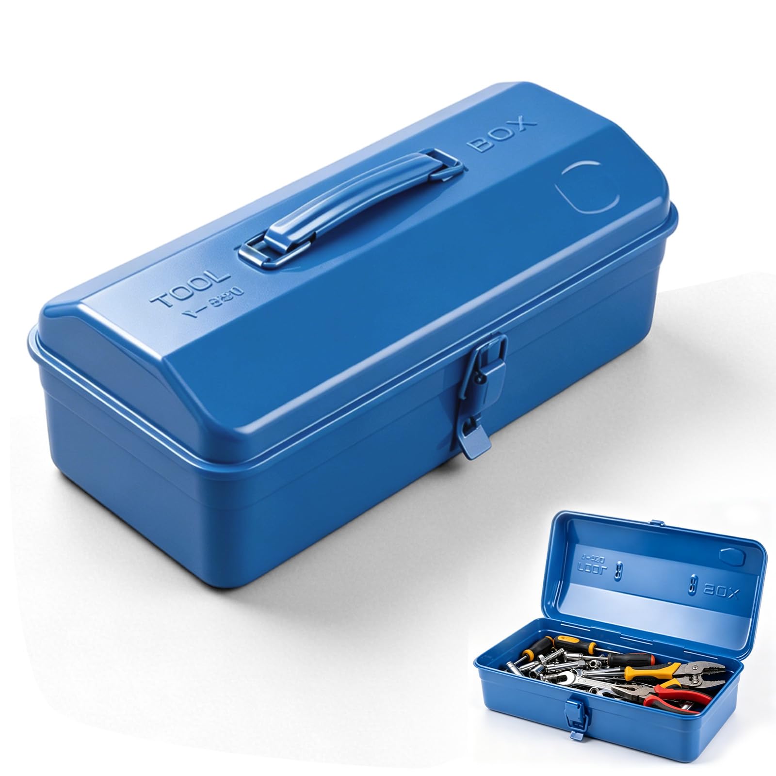 Caja de herramientas pequeña vacía, caja de herramientas de metal con tapa, 37 x 16 x 12 cm, portátil, chapa de hierro con asa y cierre para almacenamiento y transporte de herramientas