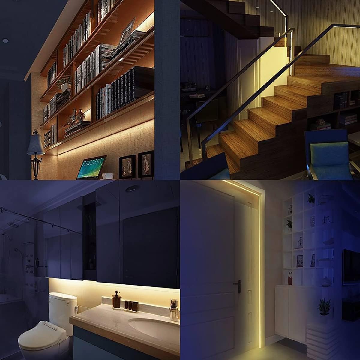 Collage of four images showing the LED strip used for lighting bookshelves, stairs, bathroom vanity, and door frames.