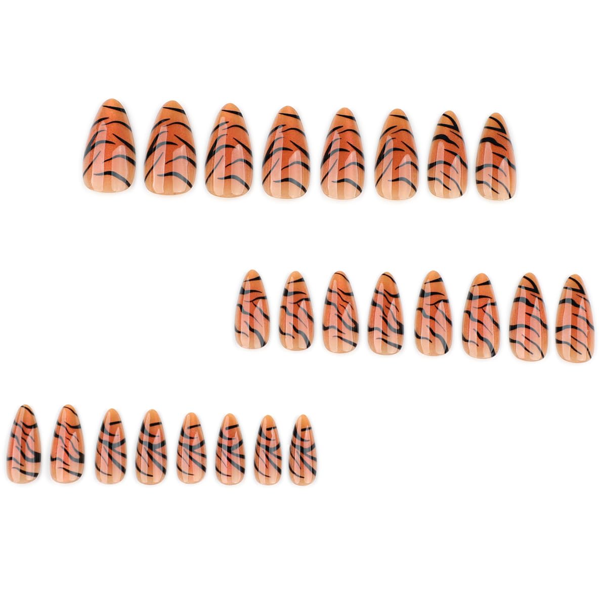 Medium Almond Press on Nails Zebra Fake Nails Orange Cat Eye False Nails with Full Cover Glossy Glue on Nail Reusable Press ons Stick on Nail for Women Manicure 24Pcs image 2
