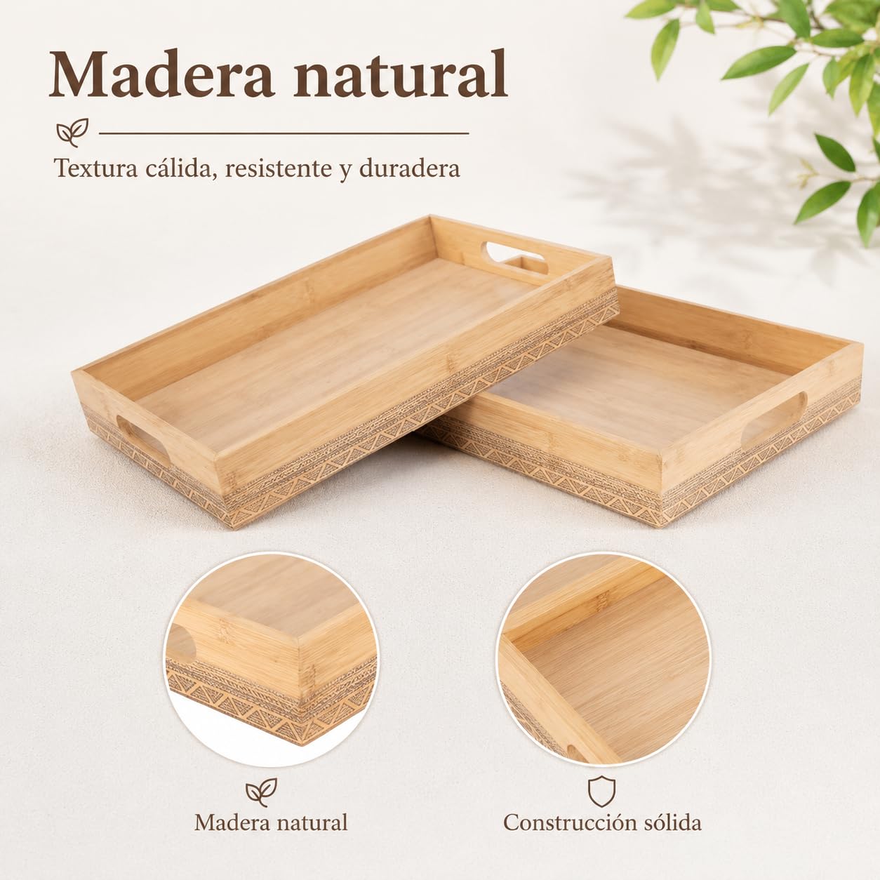 RS02181 Set de 2 Bandejas de Bambú Natural Rectangulares, Bandeja de Sirvir con Asas Doble Diseño y Detalles Geométricos, para Cocina, Mesa y Desayuno