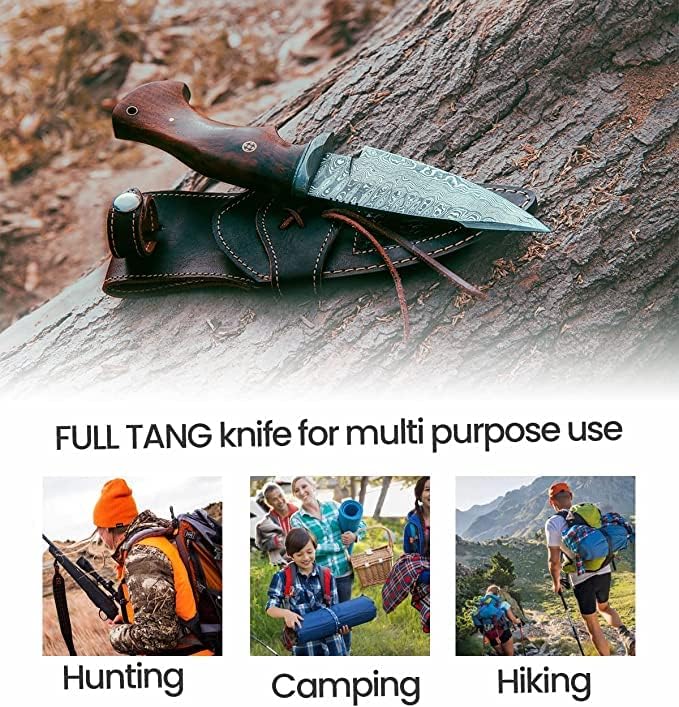 Miniatura 6 de Cuchillo de caza de Damasco hecho a mano, cuchillo de bushcraft con funda, cuchillo de supervivencia de 10 pulgadas para hombres, cuchillo de hoja