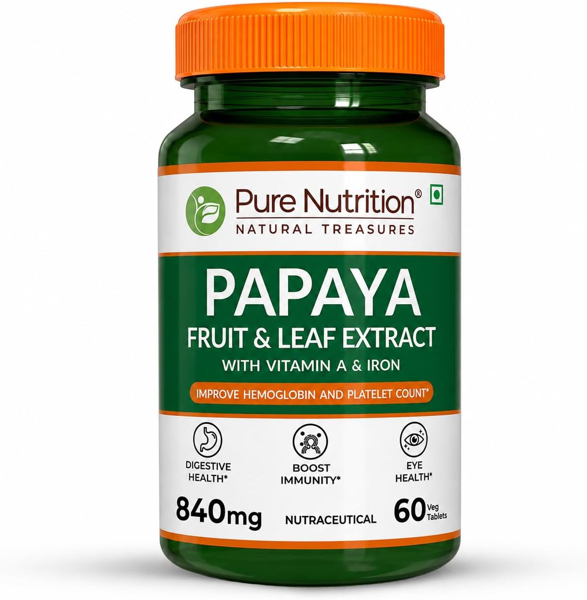 Pure Nutrition Papaya Leaf & Fruit Extract Tablets | Papaya Supplements With Vitamin C & Iron for Platelet Count, Dengue Relief, Immunity Boost & Better Digestion - 60 Veg Tablets