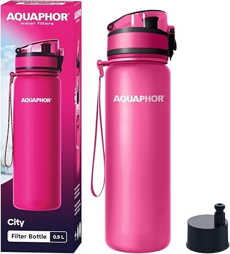 AQUAPHOR City Bottle - Botella de agua de viaje de 16.9 fl oz rosa con filtro de carbón activado, filtra cloro e impurezas, hecha de Tritan y sin