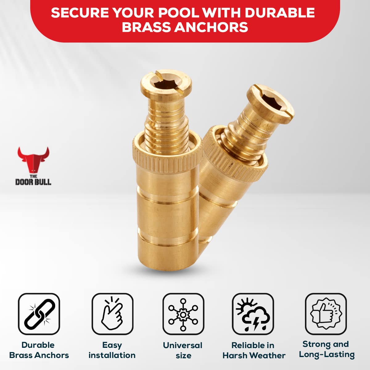 The Door Bull Poolabdeckungsanker aus Messing für Beton und Pflastersteine, Universalgröße, passend für 1,9 cm große Löcher, ideal für Sicherheitsabdeckungen für Innenpools, langlebig und einfach zu