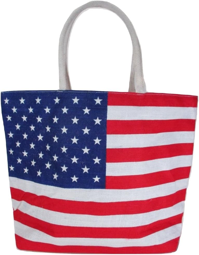 Jute Bag for Women, Burlap Shoulder Tote with US American Flag Print, Interior Pocket, Zipper Closure