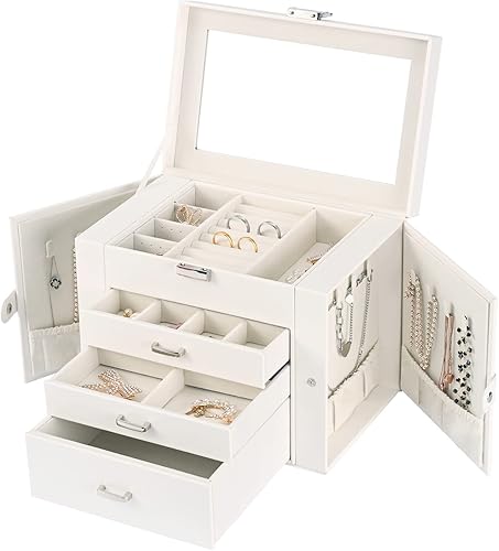 Miniatura 2 de Joyero grande de cuero de 4 capas con cajones y espejo para almacenamiento de collares, anillos, aretes, relojes (blanco)