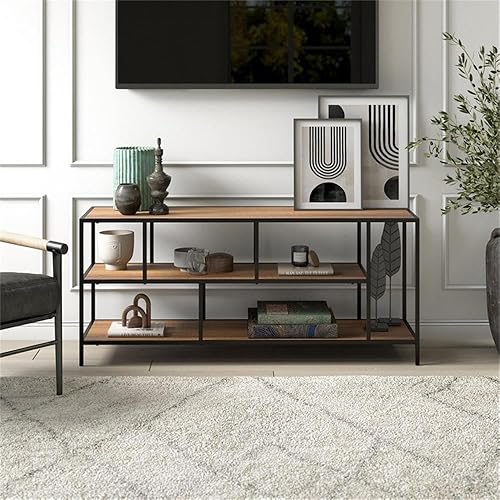 Miniatura 10 de Henn&Hart Soporte de TV rectangular con estantes de metal para televisores de hasta 60 pulgadas en bronce ennegrecidoroble rústico, soportes de TV