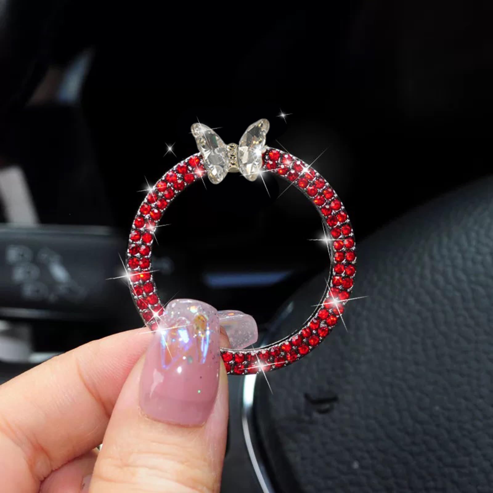 Transparent Butterfly Bling Ring Emblem - Car Push Start Button Cover/Sticker, Key Ignition Knob Bling Ring, Sparkling Car Interior Accessories for Women - Red