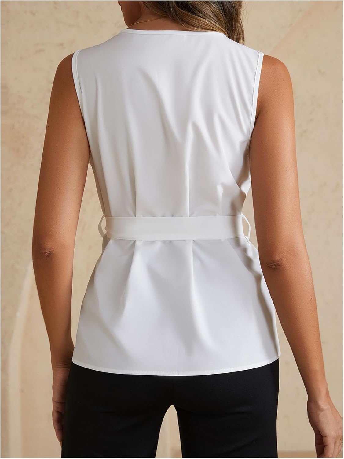 SHENHE Women's Summer V Neck Sleeveless Dressy Casual Blouse Work Business Belted Shirt Top - Image 3