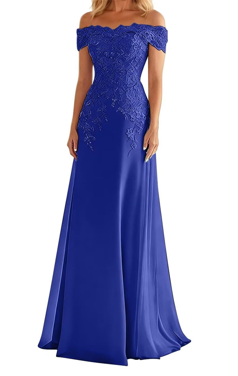 WSEYU Lace Applique Mother of The Bride Dresses Off Shoulder Wedding Formal Evening Prom Party Gown Long ZMKI420 Royal Blue UK22
