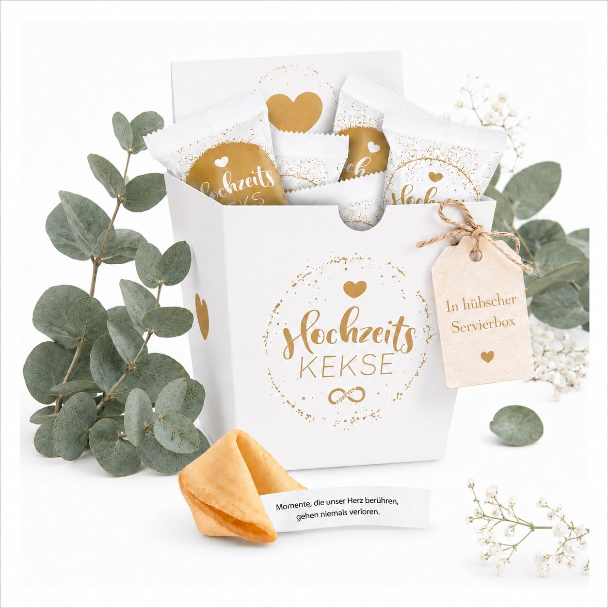 9er Box Hochzeits-Kekse | Glückskeks Hochzeiten als Hochzeitsdeko oder für die Candybar | frisch gebackene und vegane Idee für jeden Weddingplanner & made in Germany