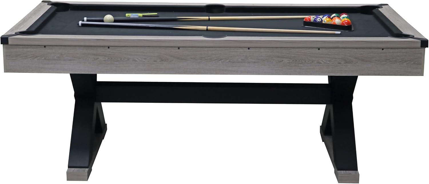 84" Pool Table with Billiard Balls, Cues, Pool Cue Chalk, Cleaning Brush, X Legs, Black Cloth, Rustic Grey,84.1" L x 46.5" W x 32" H