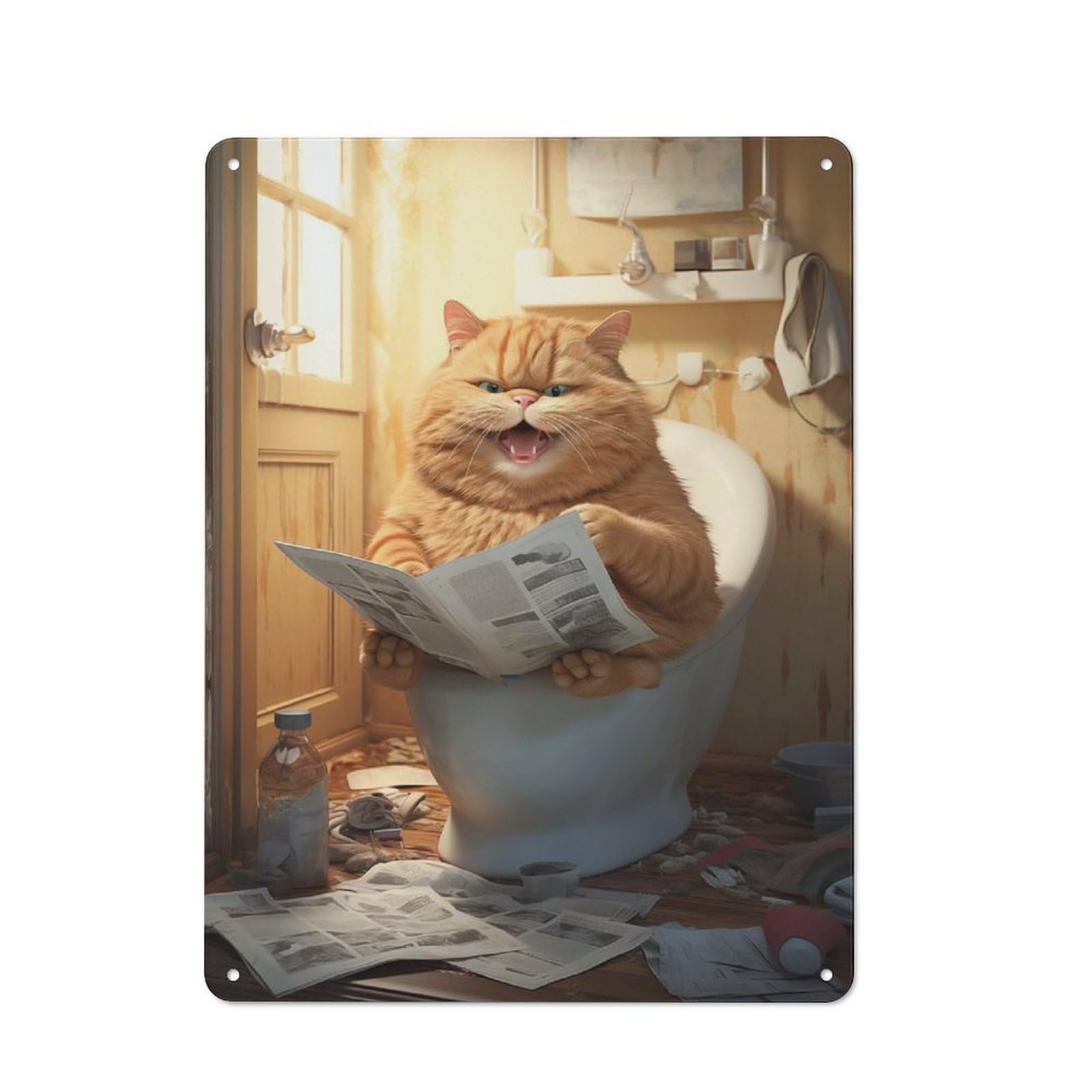 Cat Reading Newspaper on Toilet Country Metal Wall Decor 40x30cm, Tin Wall Plaque for Cottage, Kitchen, Hallway Or Breakfast Nook