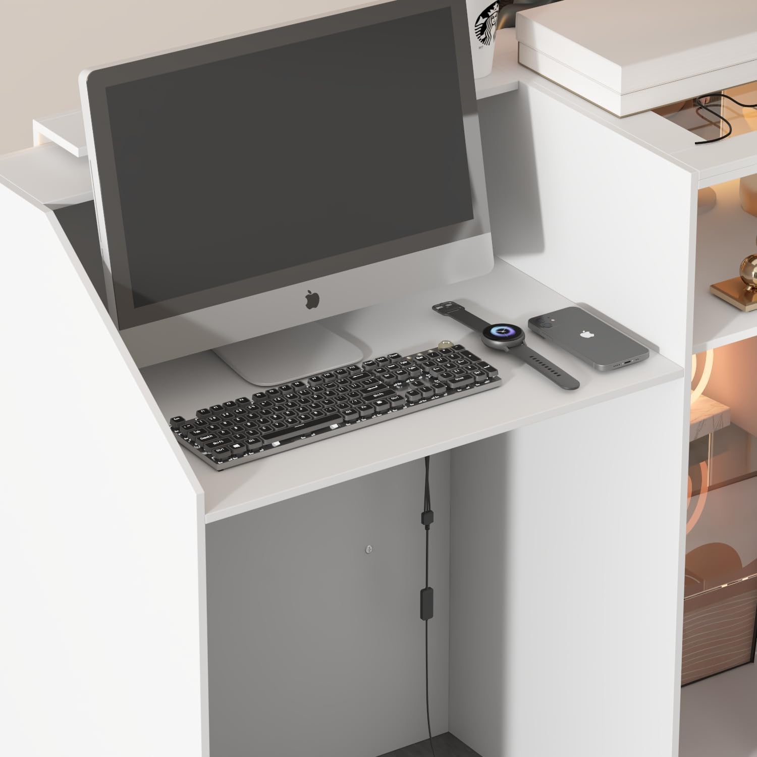 L-Shape Reception Desk with Lights, Front Counter Table with Glass Shelves, Reception Room Table, Counter Desk for Retail Checkout, Lobby Salon Store, White, 39.4”D x 47.2”W x 40.6”H