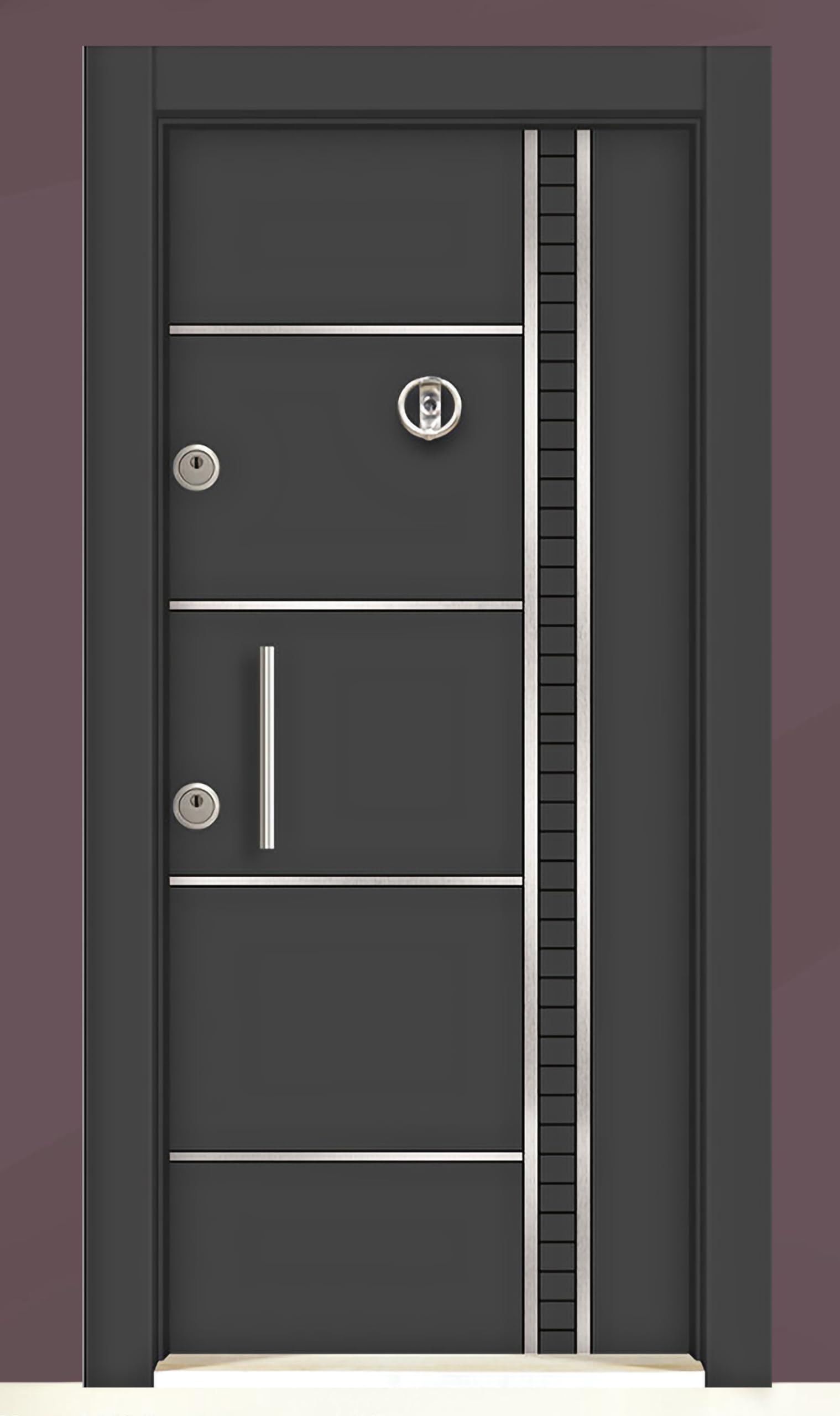 Porta Blindata Laminata d’Ingresso Design Moderno con Spioncino 2 Serrature Maniglia Passiva Portone Nero con Dettagli Alluminio PL52 (Interna sinistra)