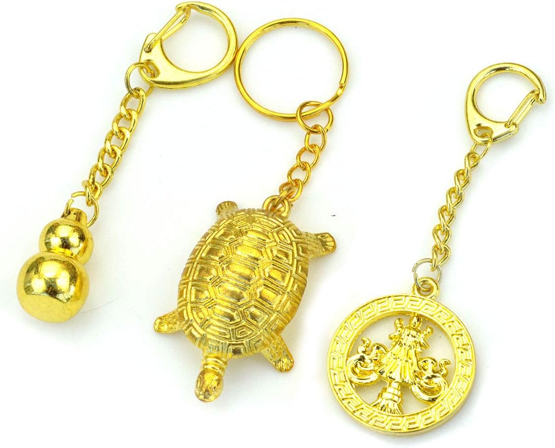 PURPLE WHALE Feng Shui Goldtone Keychain 3 Sets - Good Luck Gourd Wu Lu, Longevity Turtle, Victory Banner amulets – Brings Long Life, Power, Prosperity and Protection
