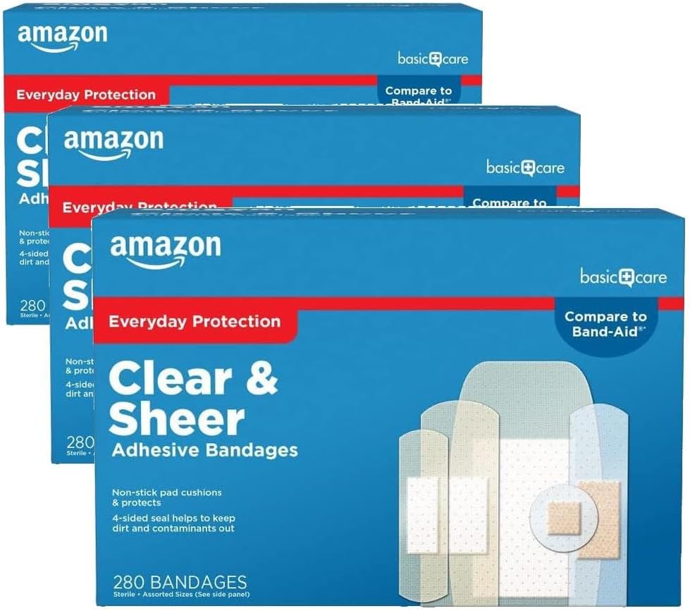 Amazon Basic Care Sheer and Clear Adhesive Bandages Family Variety Pack for Minor Cuts, Scrapes, First Aid and Wound Care Supplies, Assorted Sizes, 280 Count (Pack of 3)