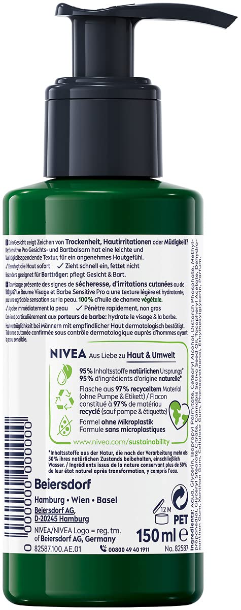 NIVEA MEN Sensitive Pro Gesichts- und Bartbalsam (150 ml), feuchtigkeitsspendende Creme mit Hanfsamenöl & Vitamin E, beruhigender, leichter Balsam für Bartträger (Packung mit 2)